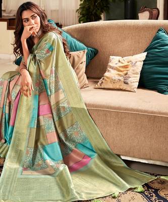 Women's mint handloom silk blend saree with unstitched silk blend blouse piece 3