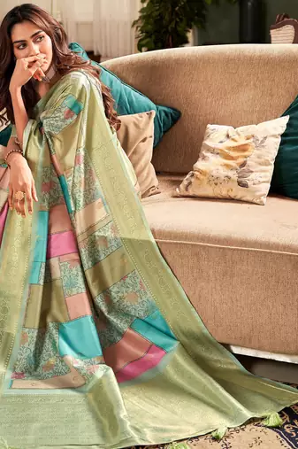 Women's mint handloom silk blend saree with unstitched silk blend blouse piece