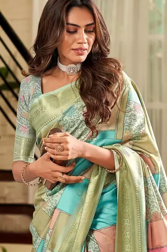 Women's mint handloom silk blend saree with unstitched silk blend blouse piece