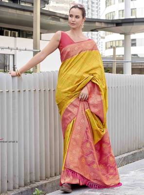 Women's yellow soft silk blend bandhani saree with unstitched silk blend blouse piece 2