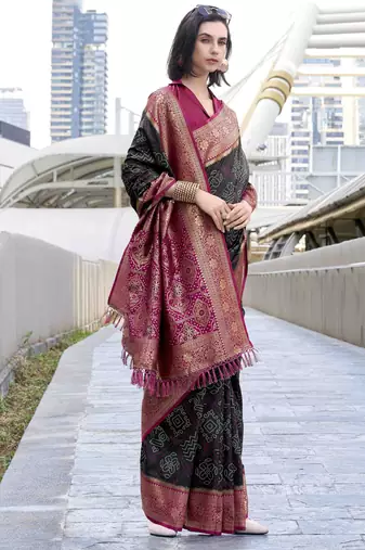 Women's black soft silk bandhani saree with unstitched silk blouse piece