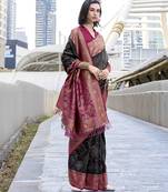 Women's black soft silk bandhani saree with unstitched silk blouse piece