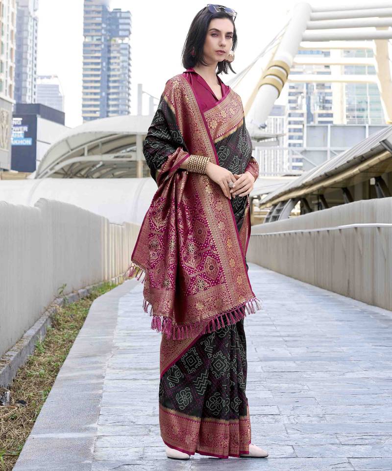 Women's black soft silk bandhani saree with unstitched silk blouse piece