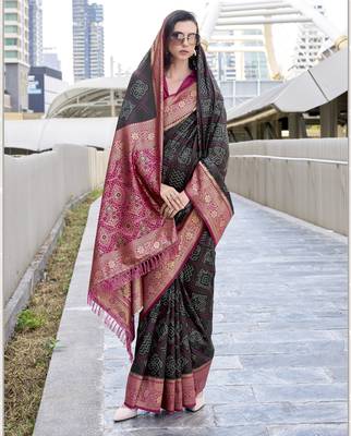 Women's black soft silk blend bandhani saree with unstitched silk blend blouse piece 2