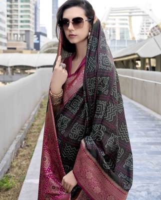 Women's black soft silk blend bandhani saree with unstitched silk blend blouse piece 3