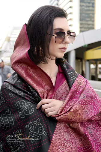 Women's black soft silk blend bandhani saree with unstitched silk blend blouse piece