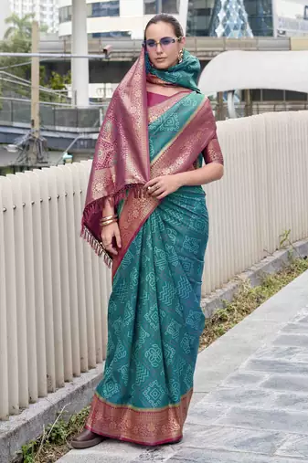 Women's rama soft silk bandhani saree with unstitched silk blouse piece