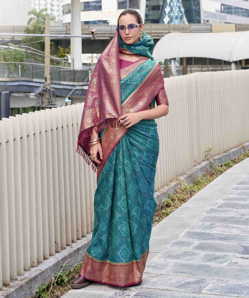 Women's rama soft silk bandhani saree with unstitched silk blouse piece