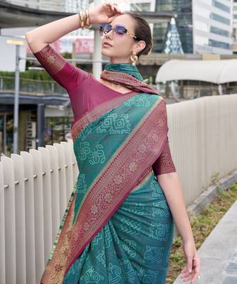 Women's rama soft silk blend bandhani saree with unstitched silk blend blouse piece 2