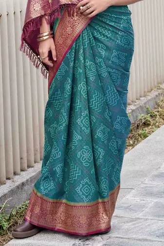 Women's rama soft silk blend bandhani saree with unstitched silk blend blouse piece