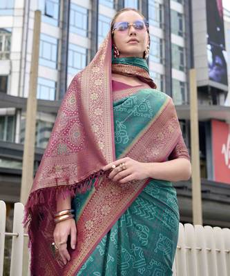 Women's rama soft silk blend bandhani saree with unstitched silk blend blouse piece 4