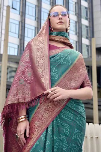 Women's rama soft silk blend bandhani saree with unstitched silk blend blouse piece