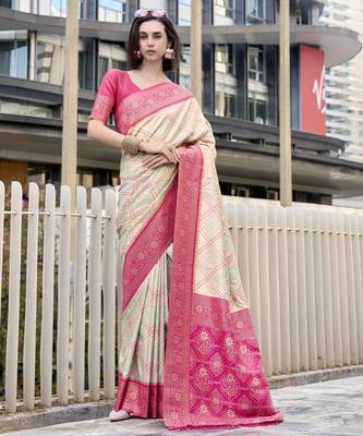 Women's beige soft silk blend bandhani saree with unstitched silk blend blouse piece 1