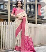 Women's beige soft silk bandhani saree with unstitched silk blouse piece
