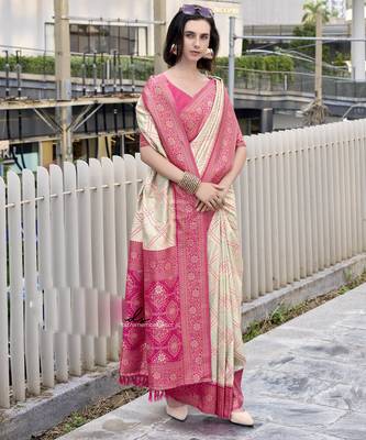 Women's beige soft silk blend bandhani saree with unstitched silk blend blouse piece 2