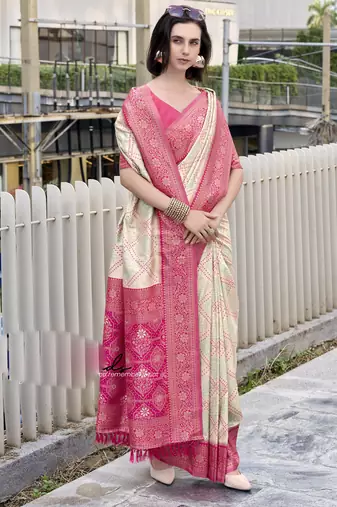Women's beige soft silk blend bandhani saree with unstitched silk blend blouse piece