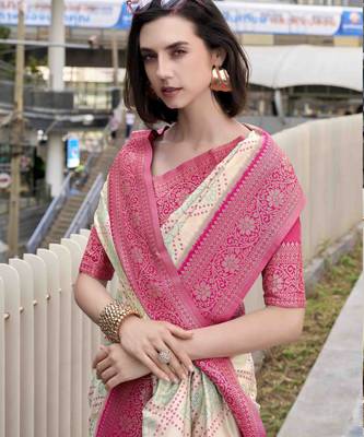 Women's beige soft silk blend bandhani saree with unstitched silk blend blouse piece 3