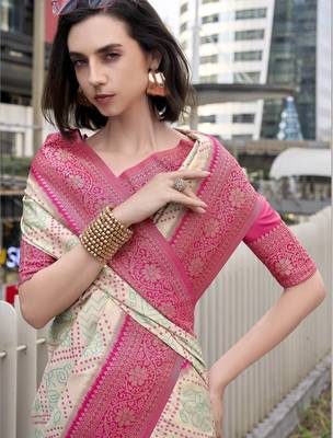 Women's beige soft silk blend bandhani saree with unstitched silk blend blouse piece 4