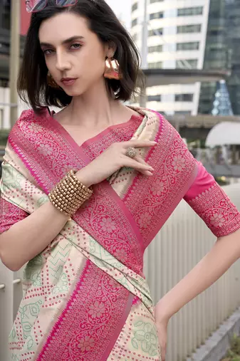 Women's beige soft silk blend bandhani saree with unstitched silk blend blouse piece