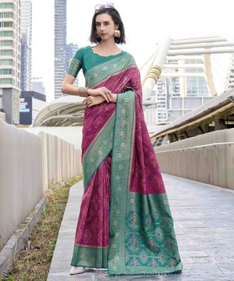 Women's wine soft silk blend bandhani saree with unstitched silk blend blouse piece 1