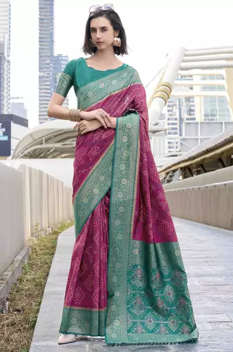 Women's wine soft silk bandhani saree with unstitched silk blouse piece
