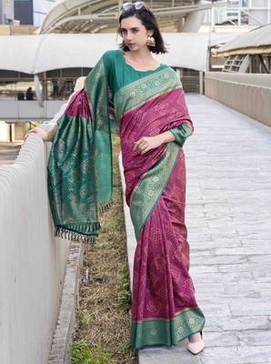 Women's wine soft silk blend bandhani saree with unstitched silk blend blouse piece 2