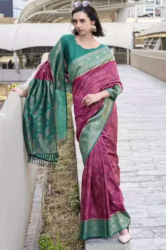 Women's wine soft silk blend bandhani saree with unstitched silk blend blouse piece