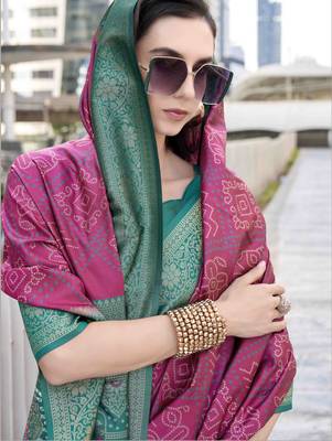 Women's wine soft silk blend bandhani saree with unstitched silk blend blouse piece 3