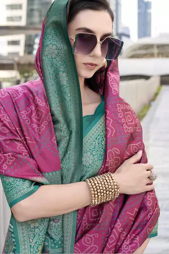 Women's wine soft silk blend bandhani saree with unstitched silk blend blouse piece