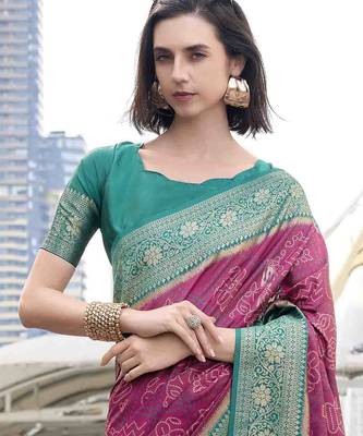 Women's wine soft silk blend bandhani saree with unstitched silk blend blouse piece 4