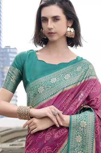Women's wine soft silk blend bandhani saree with unstitched silk blend blouse piece