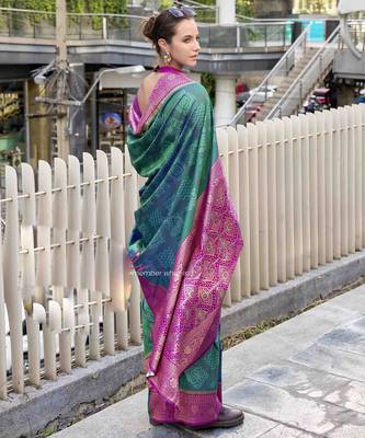 Women's dark green soft silk blend bandhani saree with unstitched silk blend blouse piece 2