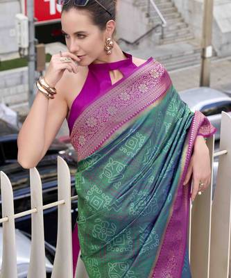 Women's dark green soft silk blend bandhani saree with unstitched silk blend blouse piece 3