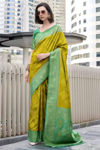 Women's neon soft silk bandhani saree with unstitched silk blouse piece