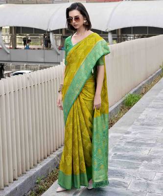 Women's neon soft silk blend bandhani saree with unstitched silk blend blouse piece 2