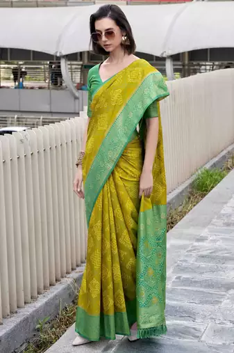 Women's neon soft silk blend bandhani saree with unstitched silk blend blouse piece