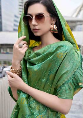 Women's neon soft silk blend bandhani saree with unstitched silk blend blouse piece 3