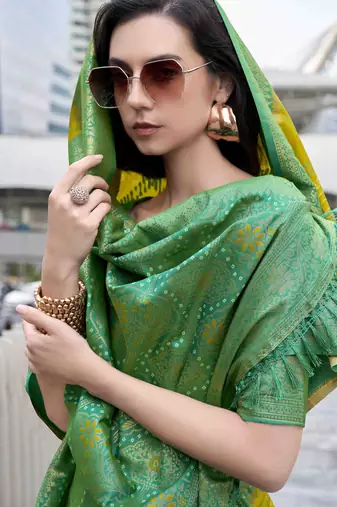 Women's neon soft silk blend bandhani saree with unstitched silk blend blouse piece