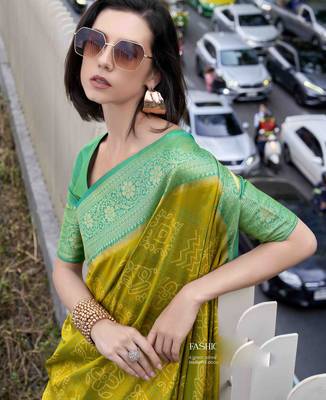 Women's neon soft silk blend bandhani saree with unstitched silk blend blouse piece 4