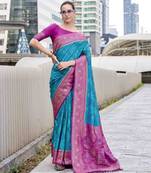 Women's teal soft silk bandhani saree with unstitched silk blouse piece