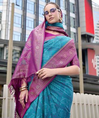 Women's teal soft silk blend bandhani saree with unstitched silk blend blouse piece 3