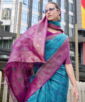 Women's teal soft silk blend bandhani saree with unstitched silk blend blouse piece 4