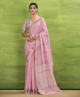 Women's pink linen silk blend bandhani woven saree with unstitched silk blend blouse piece 1