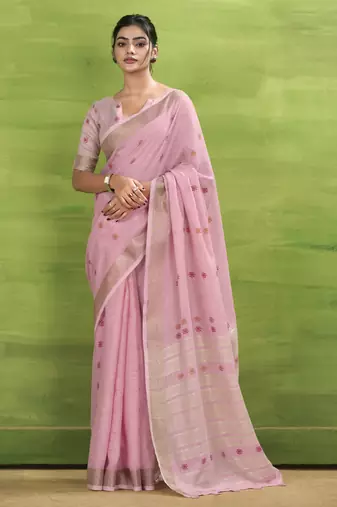 Women's pink linen silk bandhani woven saree with unstitched silk blouse piece