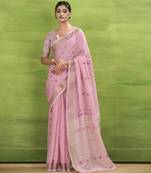 Women's pink linen silk bandhani woven saree with unstitched silk blouse piece