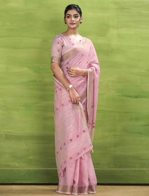 Women's pink linen silk blend bandhani woven saree with unstitched silk blend blouse piece 2