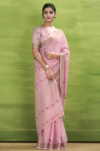 Women's pink linen silk blend bandhani woven saree with unstitched silk blend blouse piece