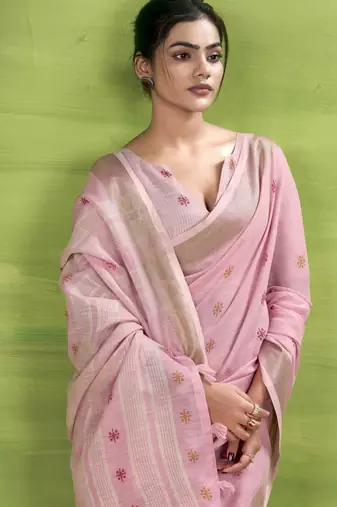 Women's pink linen silk blend bandhani woven saree with unstitched silk blend blouse piece