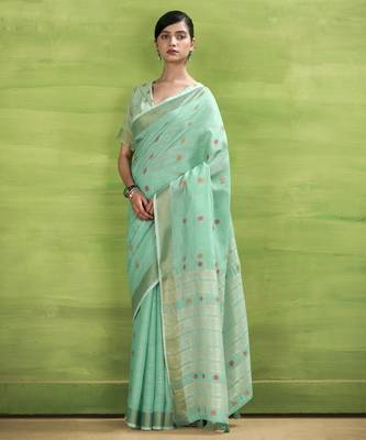 Women's turquoise linen silk blend woven saree with unstitched silk blend blouse piece 1