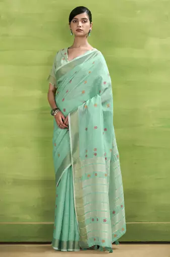 Women's turquoise linen silk woven saree with unstitched silk blouse piece